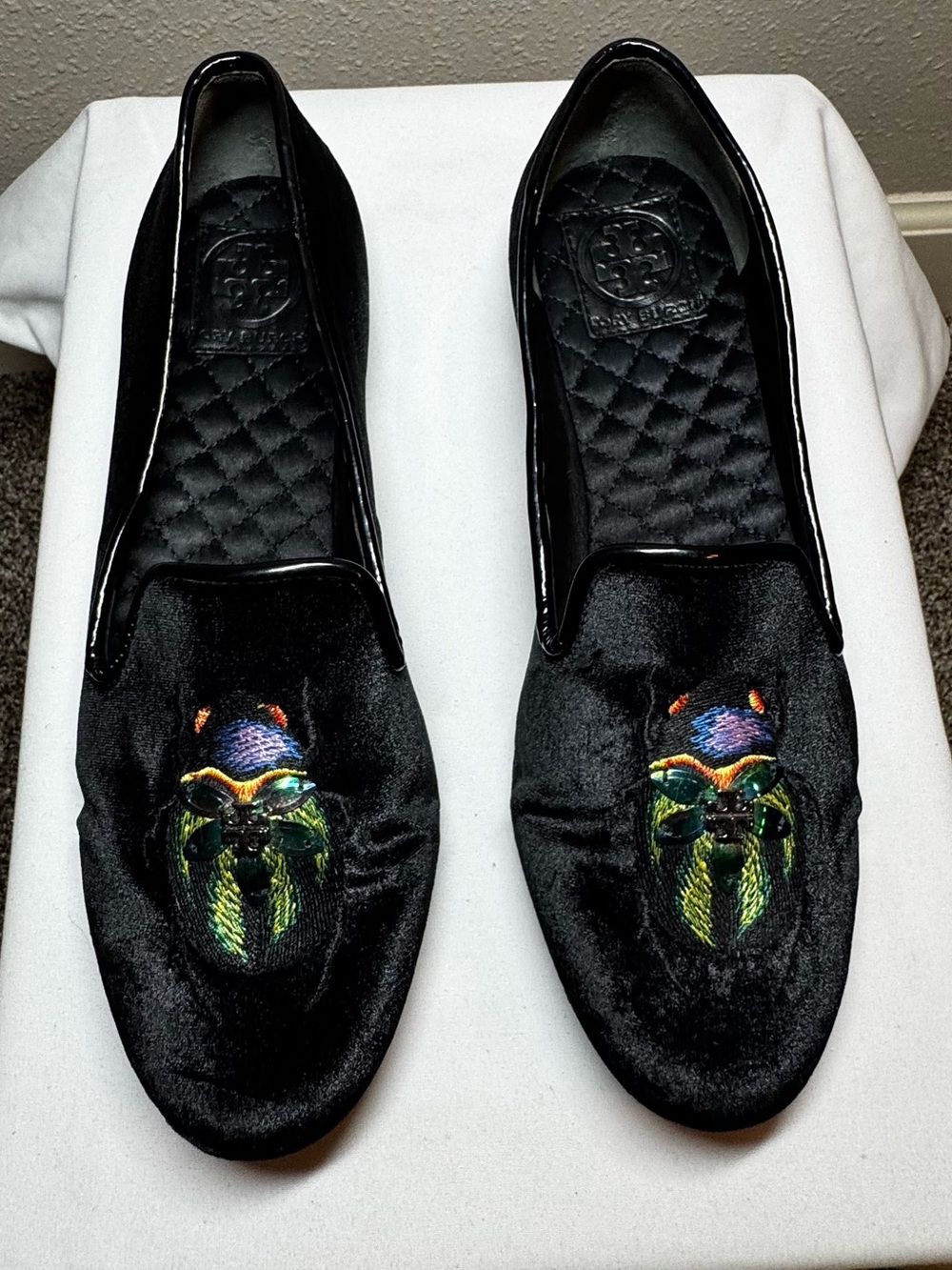 Tory Burch - Easton Black Velvet Embroidered Slip-On Loafers - 8.5 - Picture 2 of 16